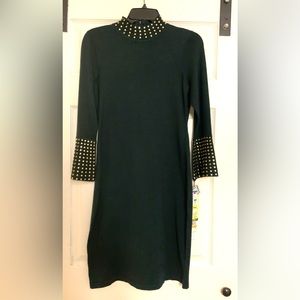 Calvin Kline long sleeve mock neck sweater dress with gold studded detailing
